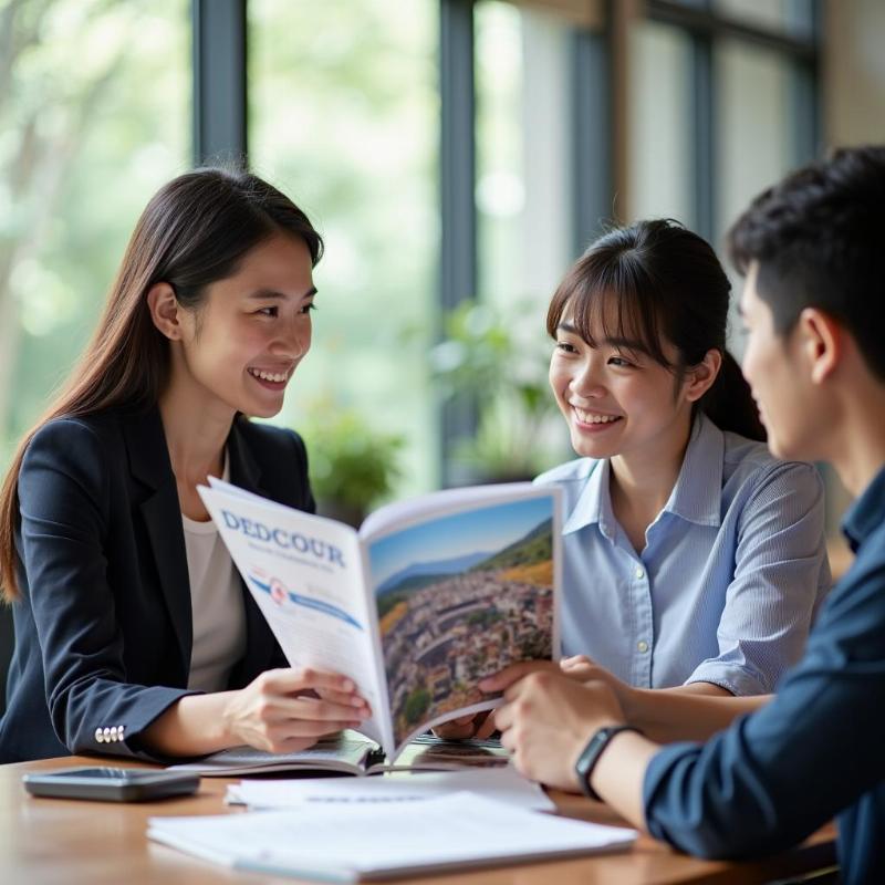 Chuyên gia tư vấn của Thuận Phát Education đang trò chuyện và tư vấn cho phụ huynh và học sinh về các lựa chọn du học Hàn Quốc, thể hiện dịch vụ tư vấn chuyên nghiệp