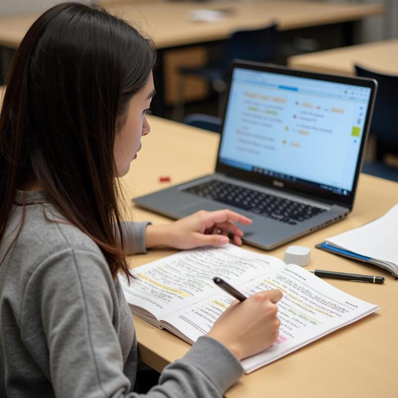 Học viên đang học ngữ pháp tiếng Hàn cơ bản cho người mới bắt đầu với sách vở và máy tính