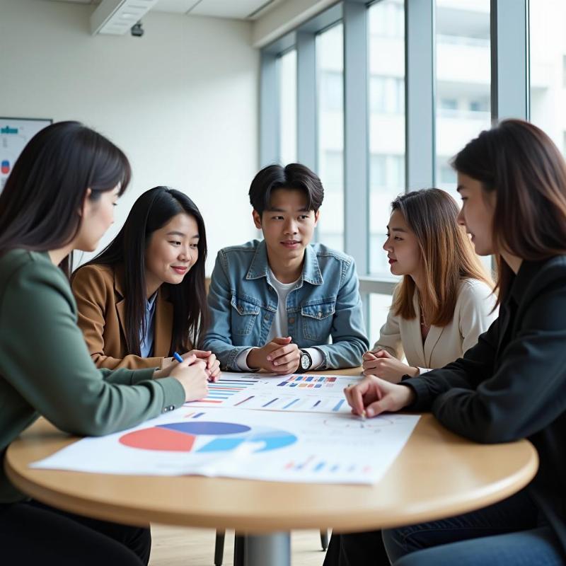 Sinh viên quốc tế đang thảo luận dự án kinh doanh trong lớp học hiện đại tại trường đại học Hàn Quốc, thể hiện môi trường học tập năng động của ngành quản trị kinh doanh