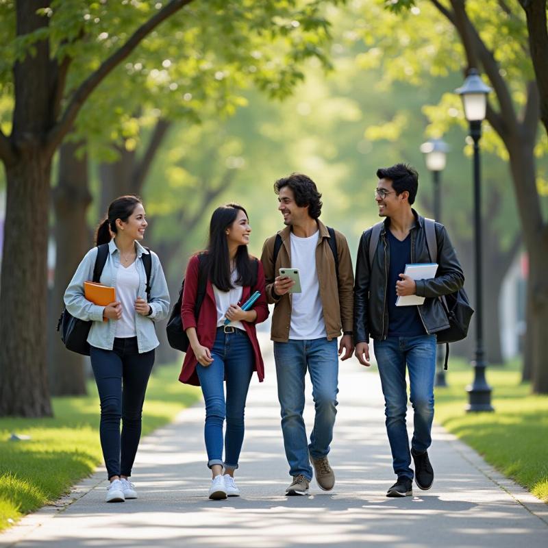 Sinh viên quốc tế học tập tại khuôn viên trường đại học ở Hàn Quốc với nhiều cây xanh